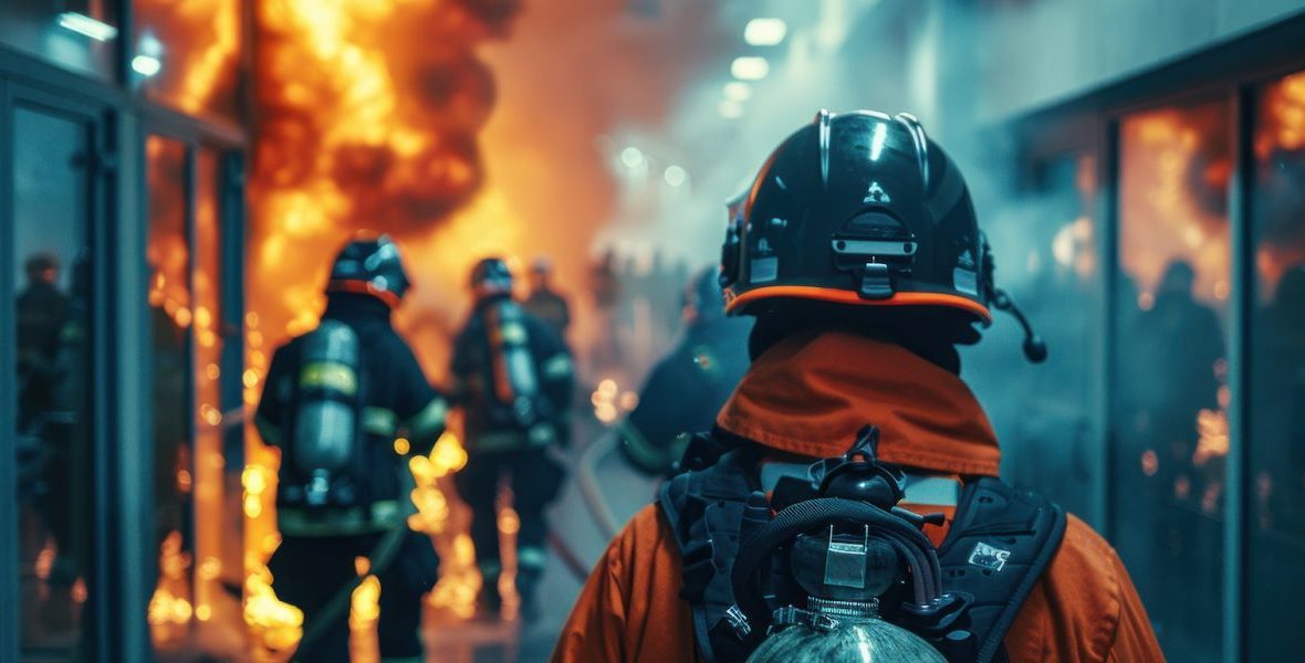 AI Generated image of a firefighter in a burning building