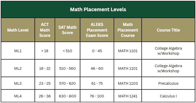 Math Placement Levels
