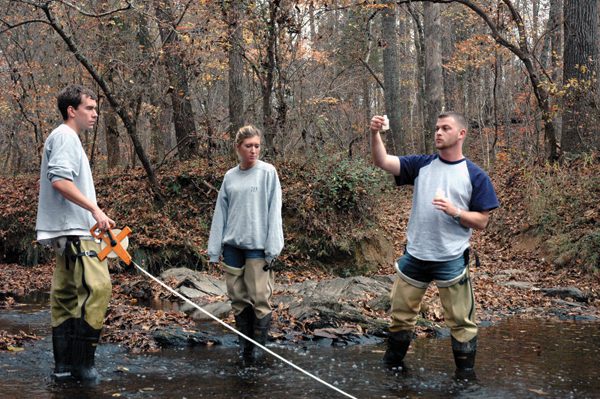 Students taking samples from a creek