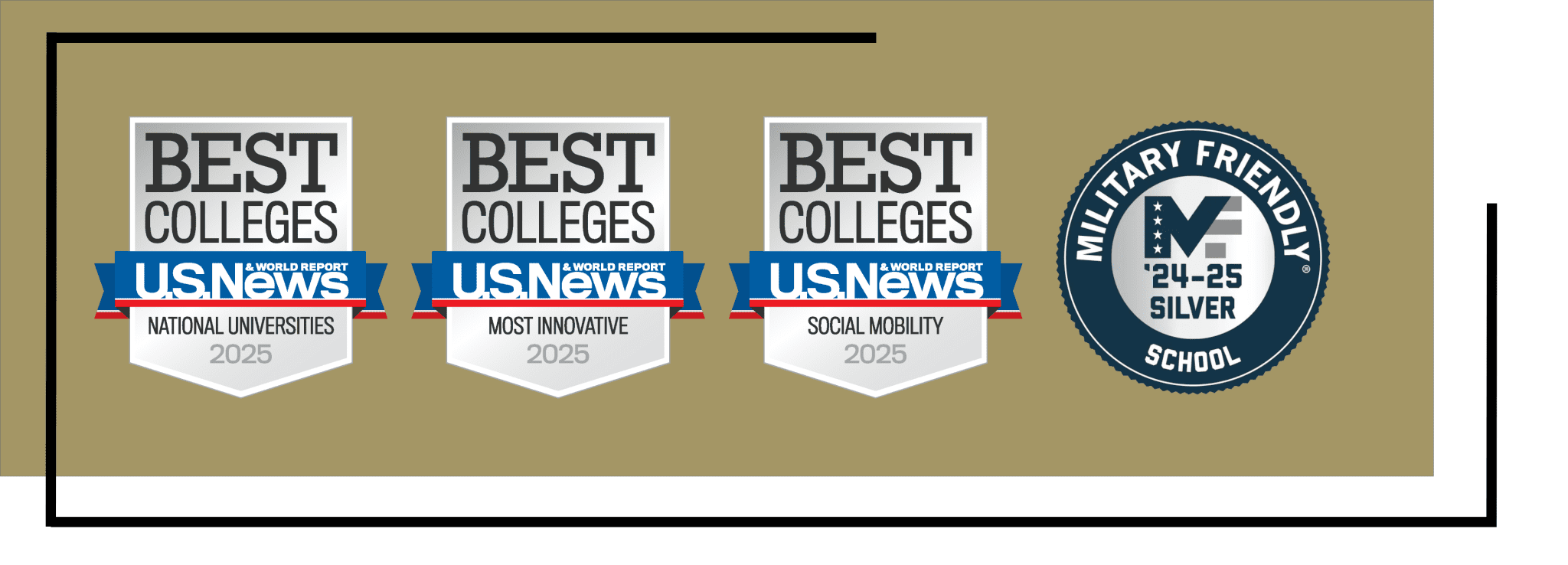 Gold box with three Best College US News and World Report ranking badges and one military friendly silver badge