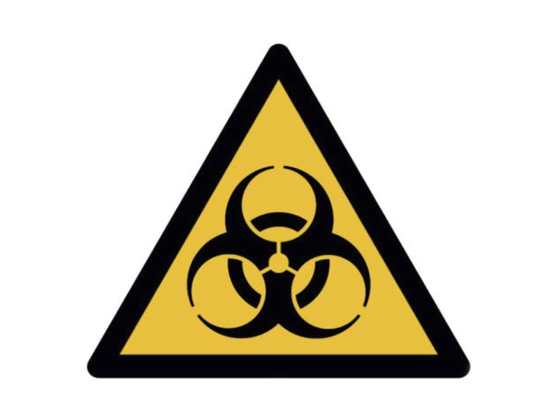 Yellow triangle with black biohazard icon in the middle