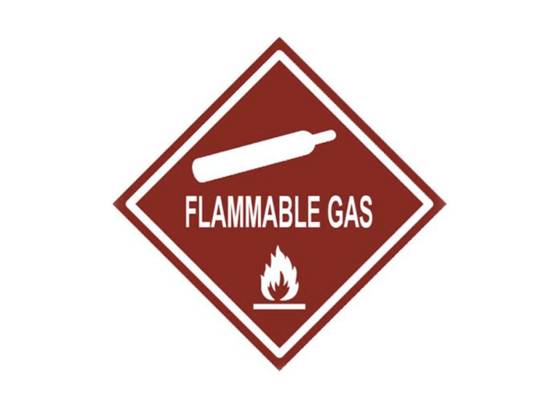 Diagonal maroon sign with "Flammable Gas" in white, alongside icons of a gas tank and flame