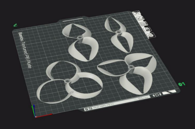 A digital preview of the custom 2-blade and 3-blade closed-loop propeller designs being prepared for 3D printing in Bambu Studio slicer software.