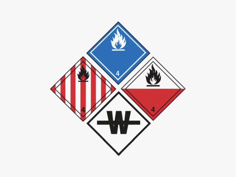 Four diamond-shaped signs representing water reactive materials